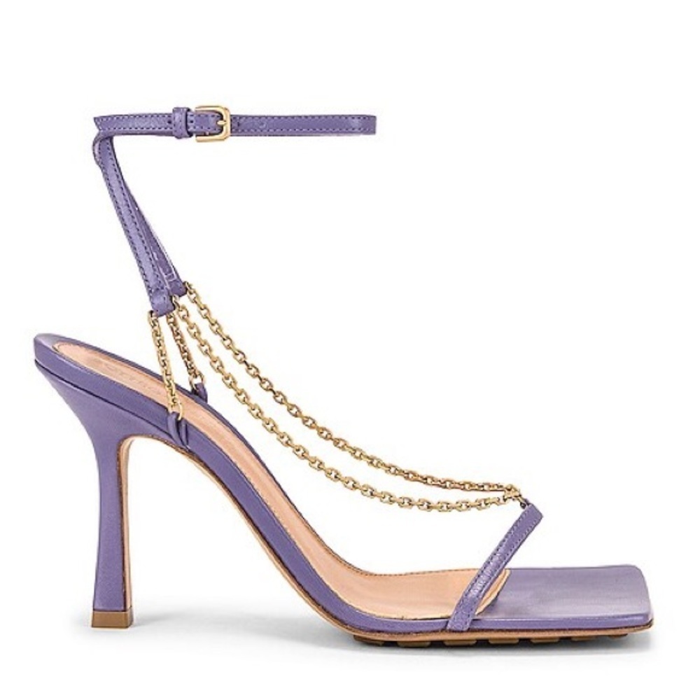 NEW! Bottega Veneta Leather Chain Ankle Strap Chain Heels Sandals Purple 37